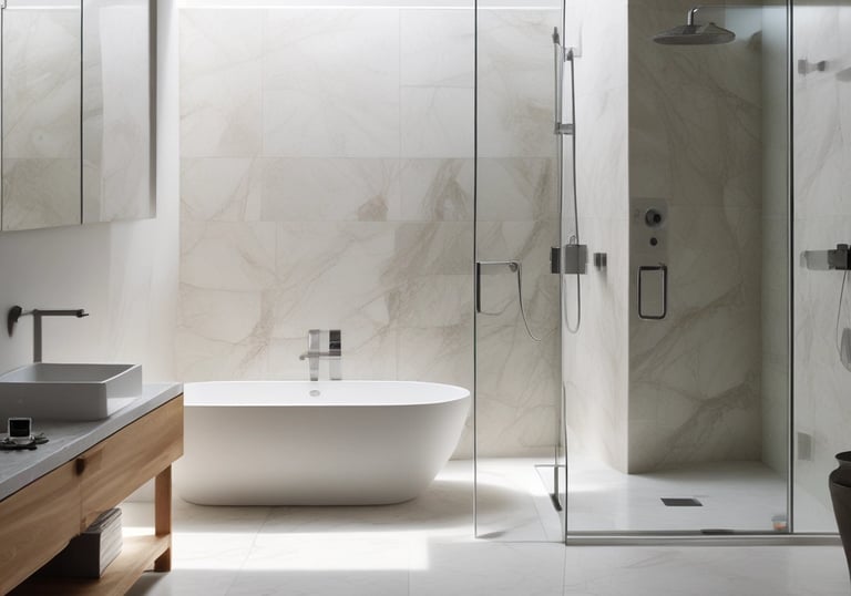 Modern luxury bathroom featuring a freestanding soaking tub and glass walk-in shower with marble tile.