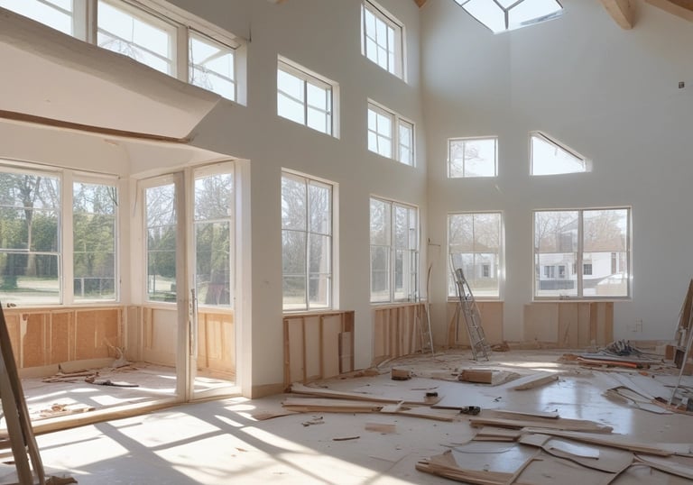 Modern home construction site with vaulted wood ceilings, large windows, and sunlight on the floor.