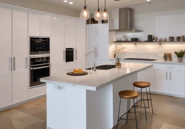 Modern white kitchen featuring a large marble island with wood bar stools and pendant lighting.