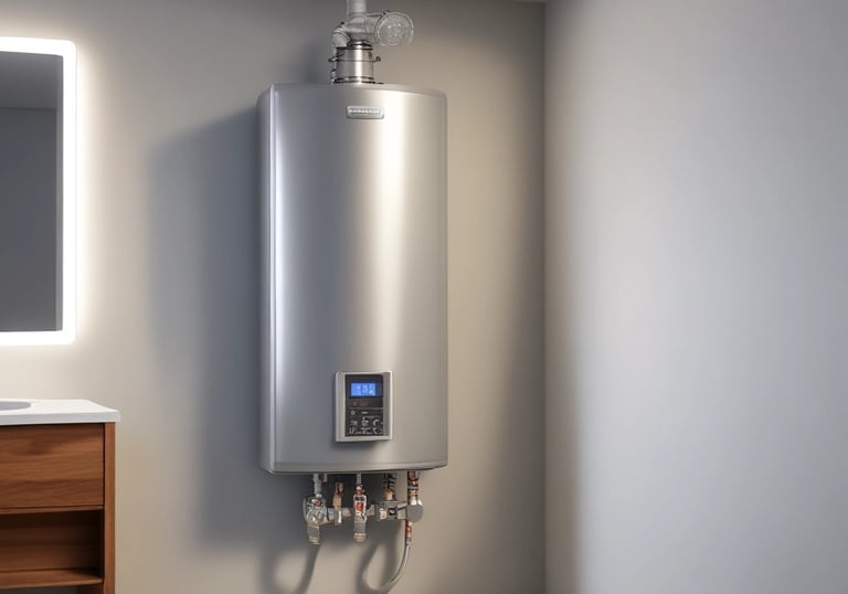 A wall-mounted modern silver tankless water heater installed in a bathroom for efficient home heating.