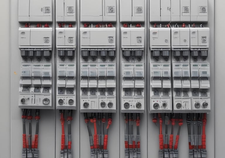 Industrial electrical control panel featuring rows of circuit breakers and wired switchgear components.