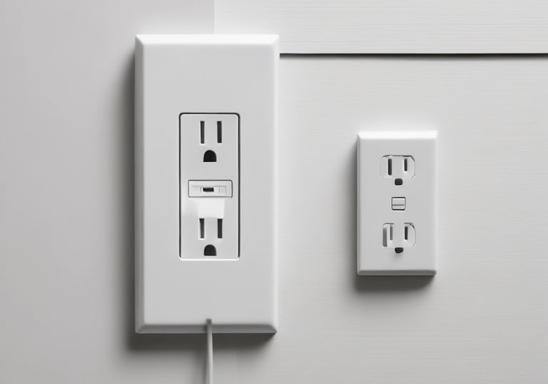 White electrical outlet with a GFCI wall plate installed on a modern white paneled wall.