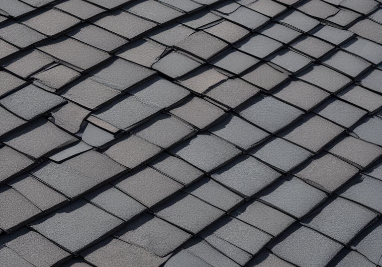 Close-up of damaged charcoal gray asphalt roof shingles needing professional repair or replacement.