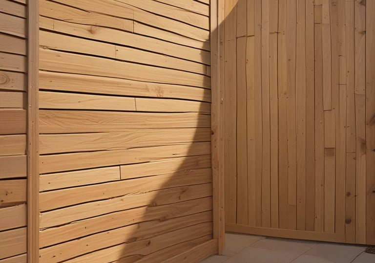 Horizontal cedar wood privacy fence with natural grain texture and vertical slat garden gate.