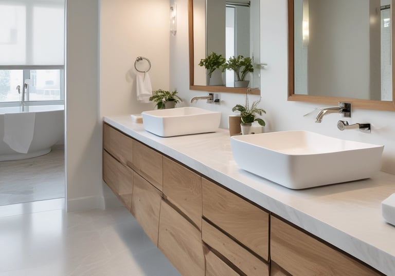 Modern bathroom interior featuring a floating oak double vanity with white vessel sinks and marble countertops.