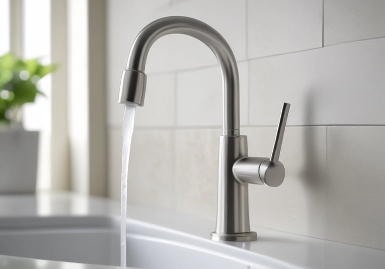 Brushed nickel pull-down kitchen faucet with water flowing into a white undermount sink.
