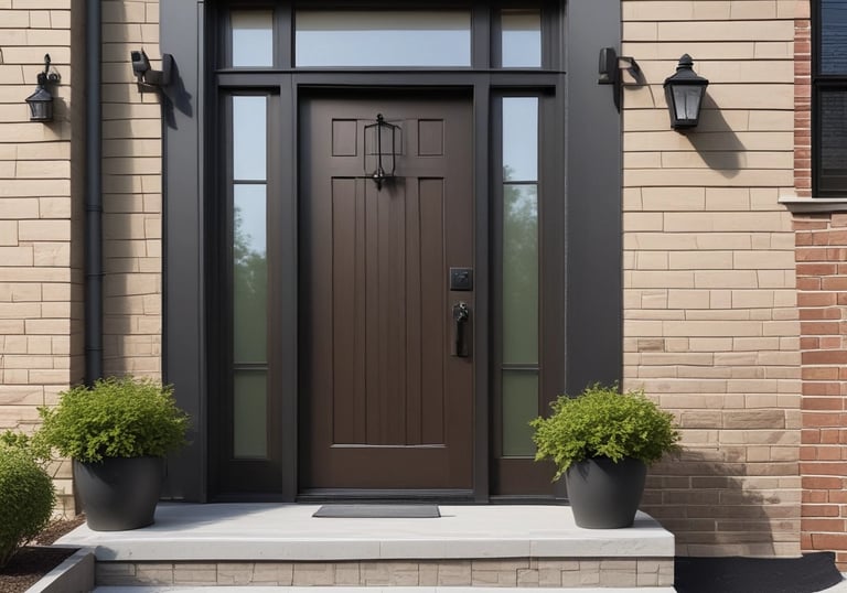 Modern dark brown front door with sidelights and transoms on a tan stone home with outdoor lighting.