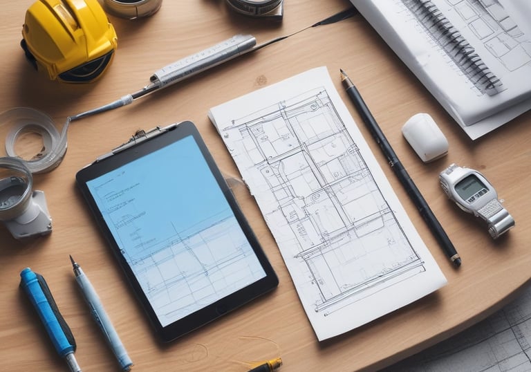Construction blueprints, digital tablet, and hard hat on a wooden desk for architectural planning.