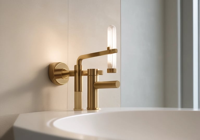 Modern brushed gold bathroom faucet with a unique glass light feature on a white designer sink.