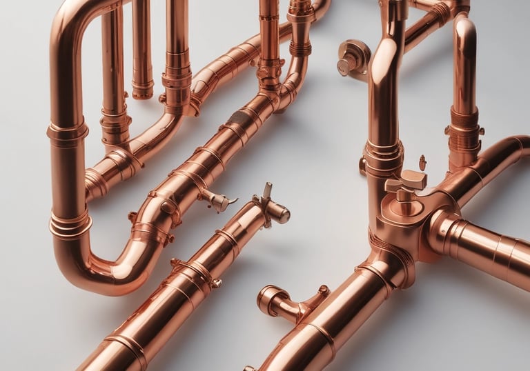 Polished copper plumbing pipes and fittings arranged in a complex industrial system against a white background.