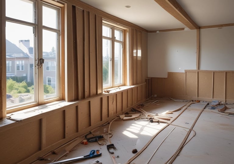 Interior home renovation featuring wooden wall framing, exposed beams, and construction tools in a sunlit room.