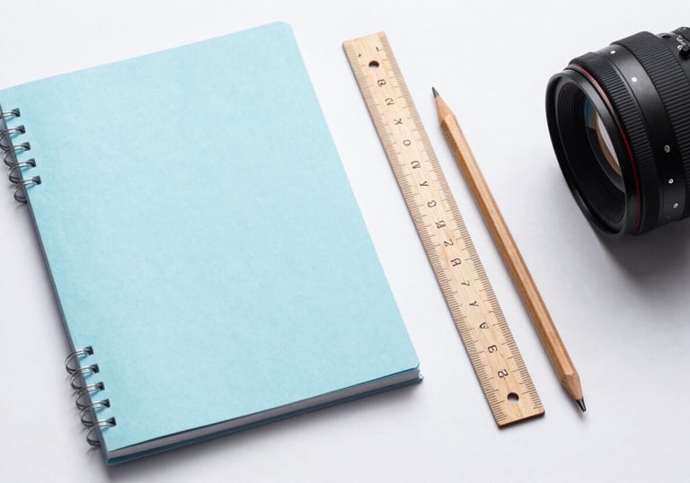 A flat lay photography of a mathematician's workspace in Bangladesh with a pale blue notebook, a wooden ruler, and a sharp pencil on a white surface. Clean, professional composition.