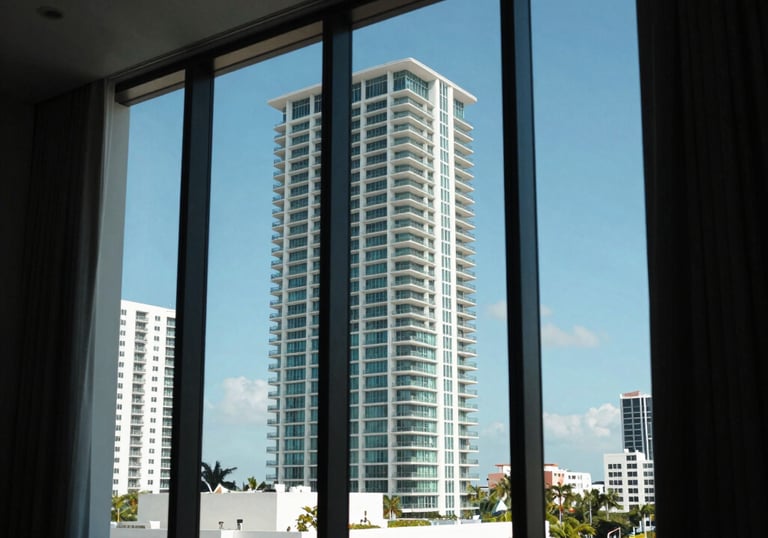 A sunny view through a large window of a modern Miami building, showing a clear blue sky, emphasizing indoor air quality and comfort.