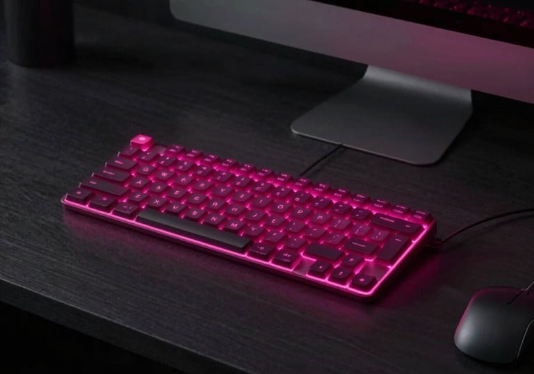 A minimalist Dutch designer desk with a neon magenta keyboard highlight in a dark room.