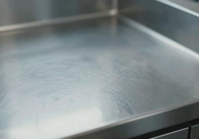 Macro photography of a polished steel kitchen surface, reflecting high-quality maintenance, minimalist and clean, using #8DAABF tones.