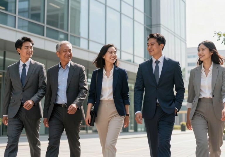A group of successful North American professionals smiling and walking together outside a bright, glass-facade corporate office building.