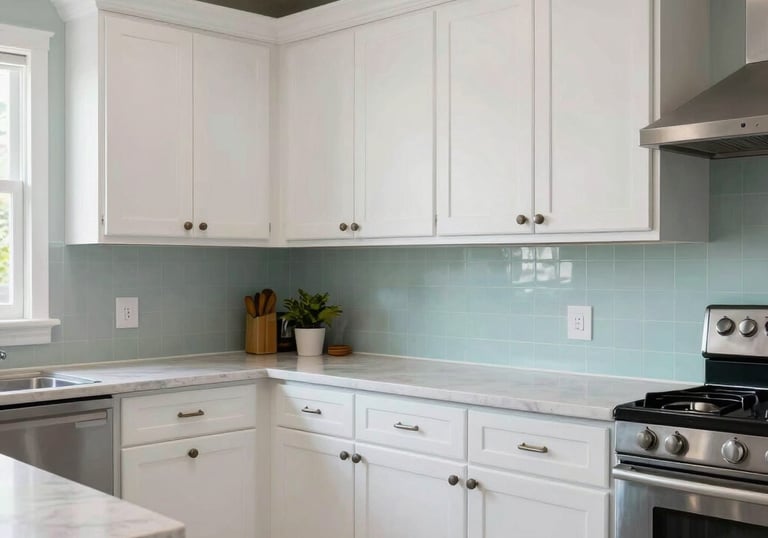 A residential kitchen in South Florida / US that has been perfectly restored, featuring white cabinetry and crisp teal accents.