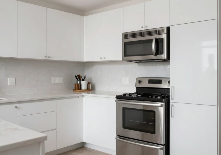 A sparkling clean, minimalist kitchen with stainless steel appliances and white cabinetry in a modern North American home.