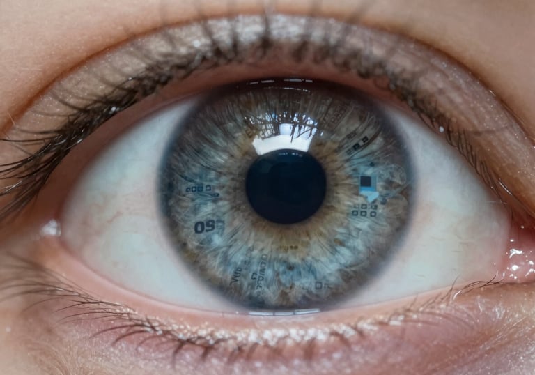 A macro photograph of an eye's iris reflecting a digital interface, representing deep insight. The colors are muted steel blue and dark slate navy.