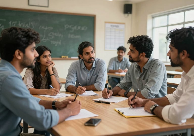 A professional development workshop in a modern Indian school where educators are discussing new story-based teaching strategies around a wooden table.