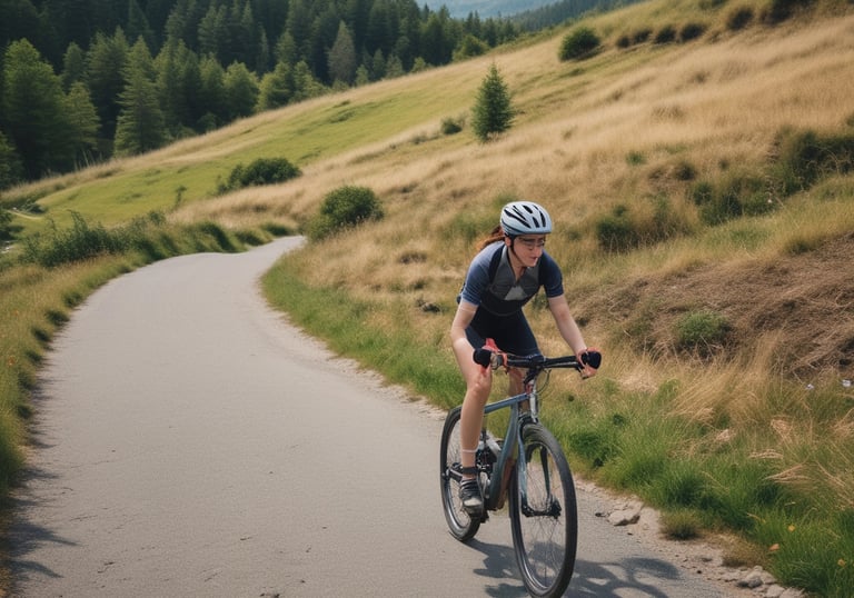 A happy woman cyclist riding pain-free on a sunny trail.
