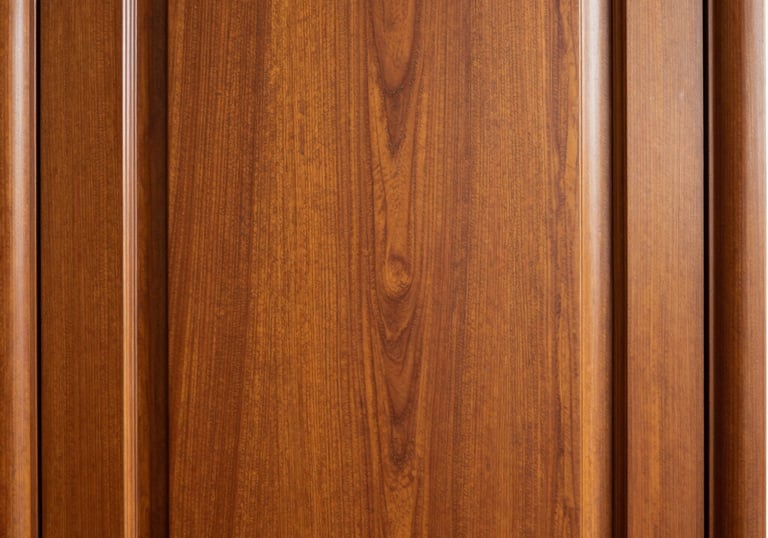 The elegant texture of a mahogany wood executive office door, North American / US design, warm gold and deep brown tones, soft side-lighting highlighting the wood grain and polished finish.
