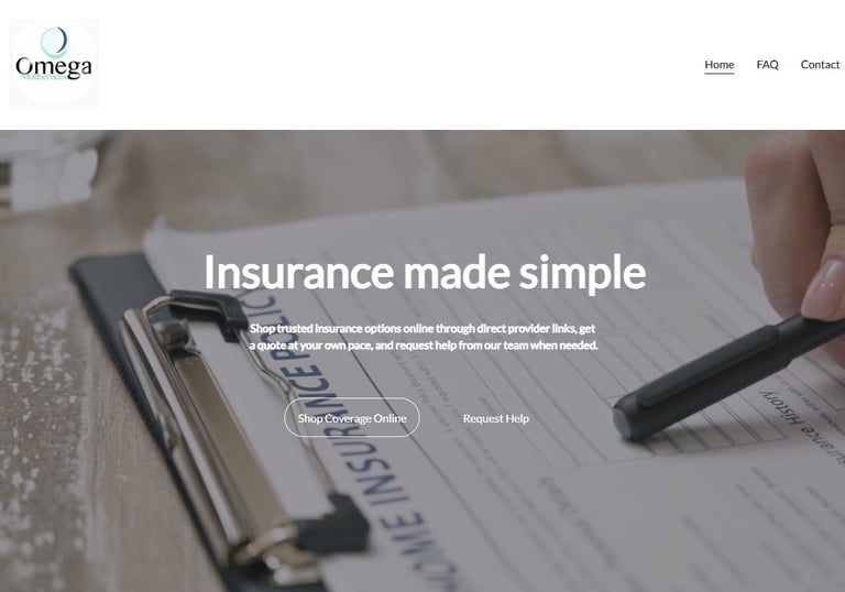 Omega Multi-Services insurance website homepage showing insurance paperwork and simple coverage opti