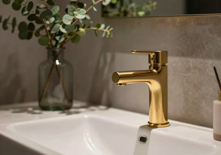 Close-up of a designer bathroom sink with a contemporary gold faucet and a vase with minimalist greenery, reflecting a professional and elegant aesthetic.