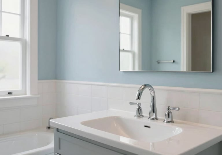 A beautifully renovated, modern master bathroom in a North American home featuring high-end fixtures and clean lines, showcasing professional installation results in light blue and off-white.