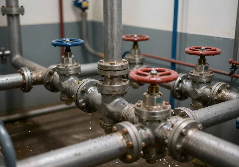 A view of a well-maintained mechanical water room with professional piping and valves, representing industrial expertise in Chilean buildings.