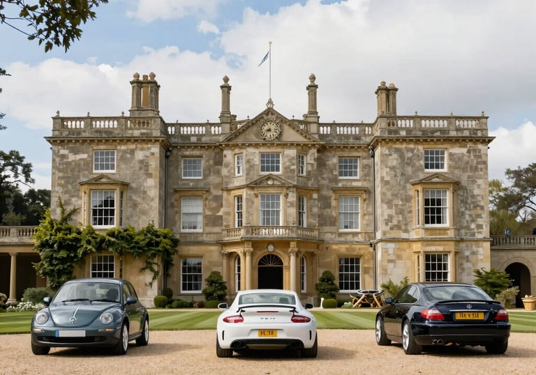 A mansion on a beautiful estate with nice cars in front