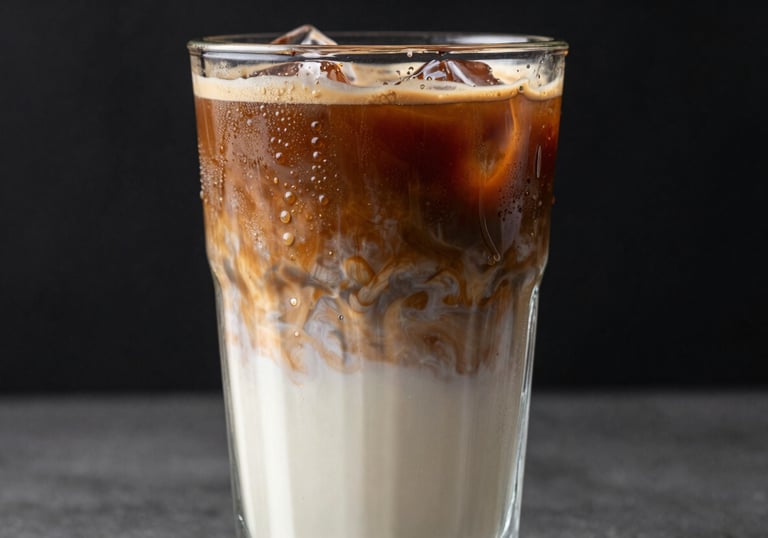 A vertical shot of a layered iced coffee in a tall glass, condensation dripping, with swirls of light beige milk mixing into dark brown espresso, modern North American / US photography style.