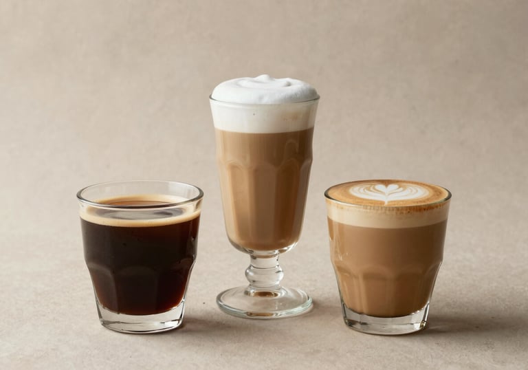 A collection of three different coffee drinks in glass cups—an espresso, a latte, and a flat white—arranged artistically on a light beige textured background with soft coffee-toned lighting.
