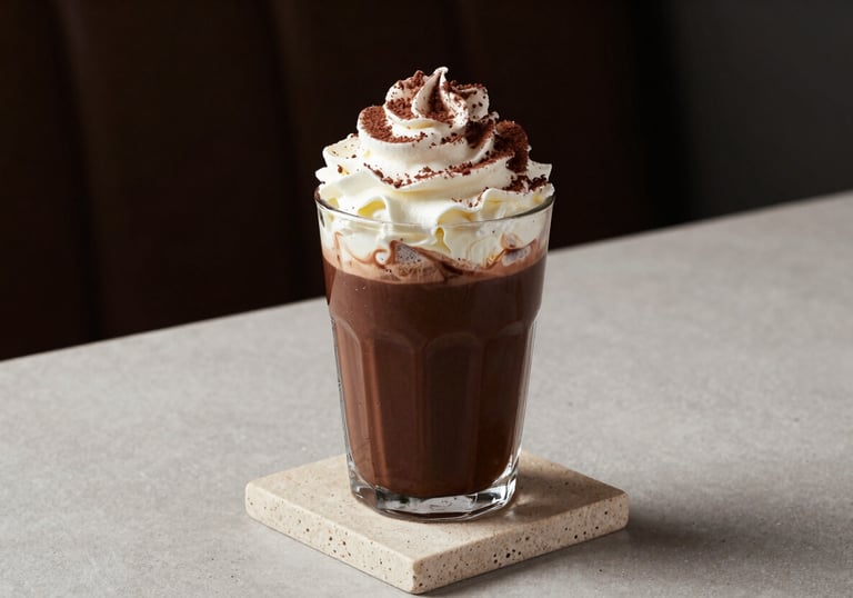 A professional food photography shot of an artisanal dark chocolate mocha topped with whipped cream and cocoa shavings, set on a beige stone coaster in a minimalist North American / US cafe.
