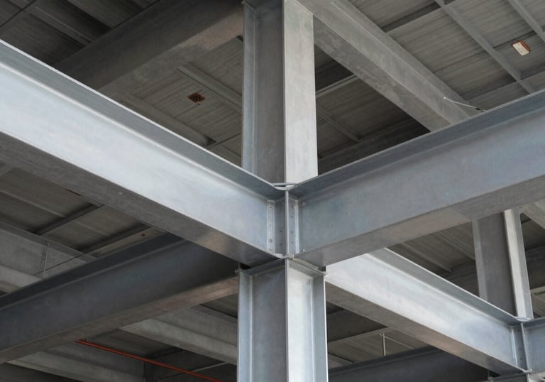 Symmetrical shot of finished structural steel beams in a modern architectural building, silver grey palette, North American / Mexican industrial design.