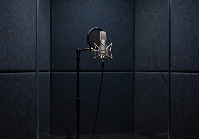 A minimalist and sophisticated vocal booth seen through soundproof glass. A professional microphone stand is silhouetted against dark navy acoustic walls. Global / International.
