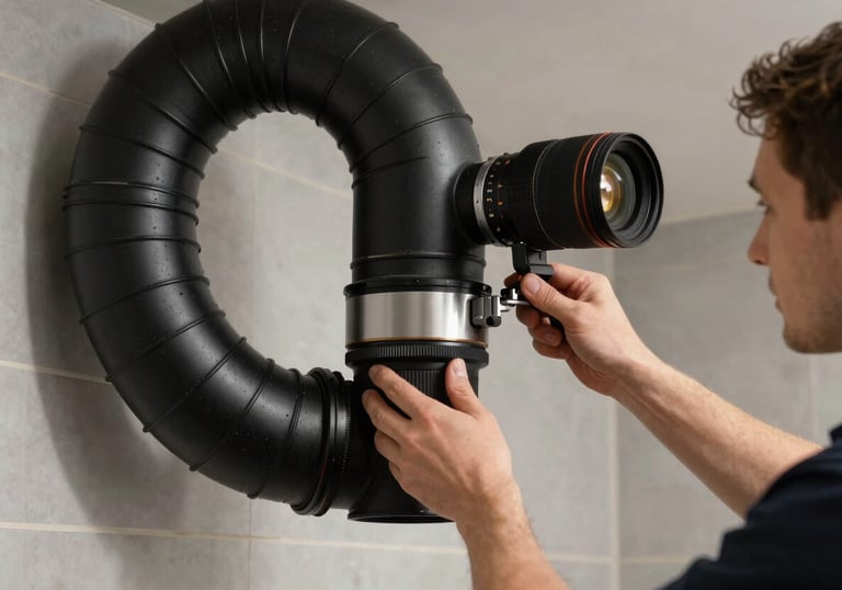 A technician mounting a stylish black duct pipe for a kitchen chimney, showing precision and careful craftsmanship.