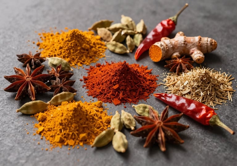 A vibrant assortment of whole spices including turmeric, cardamom, and chili arranged artistically. The style is professional food photography with high clarity and warm lighting.