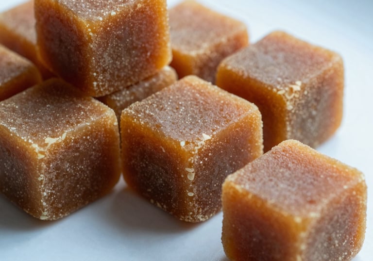 A close-up photograph of golden-brown organic jaggery blocks arranged on a clean, light blue surface. The lighting is soft and natural, emphasizing the rich texture and purity of the product.
