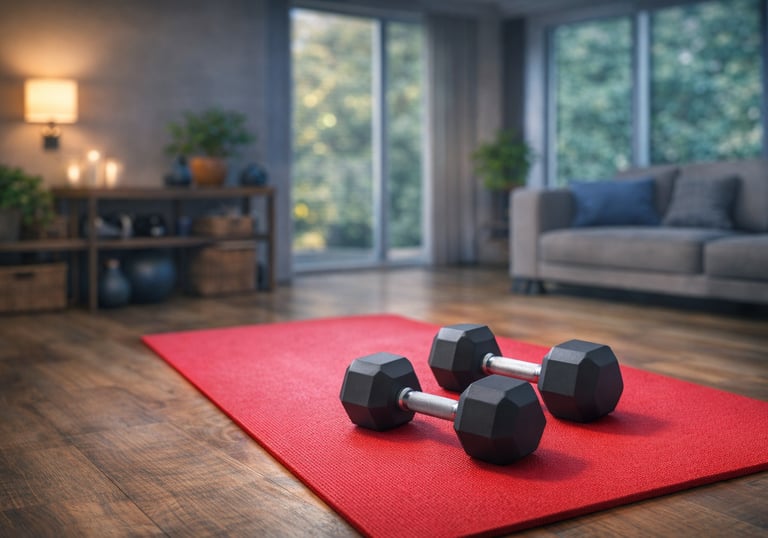 Two black hexagonal dumbbells on a red exercise mat in a bright living room with natural light and fitness accessories