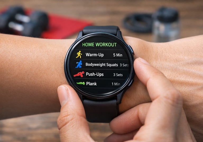 Two black hexagonal dumbbells on a red exercise mat in a bright living room with natural light and fitness accessories