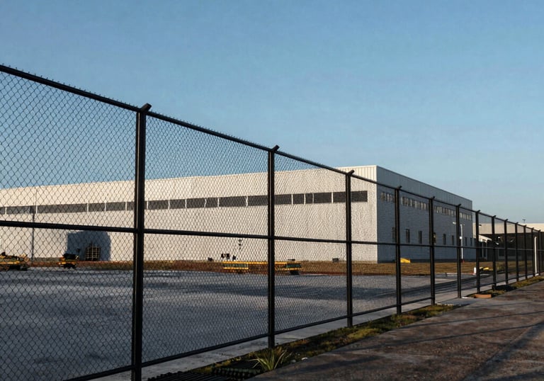 Wide-angle photography of a completed large-scale perimeter fencing project for a modern logistics center, South American architecture, clear blue sky.