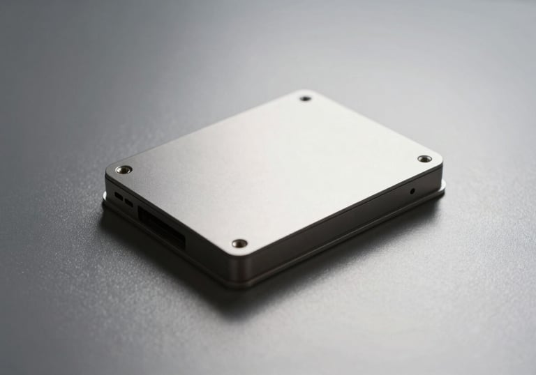 A minimalist and sleek metallic surface reflecting soft light, representing precision and efficiency in high-performance computing, Global / Tech-focused.