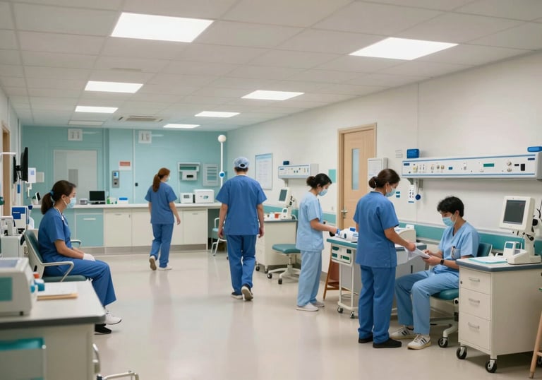 A bright and organized nursing station in a modern British hospital at night, emphasizing constant readiness and reliability.