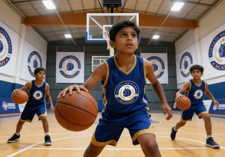 a young boy playing basketball in a gym