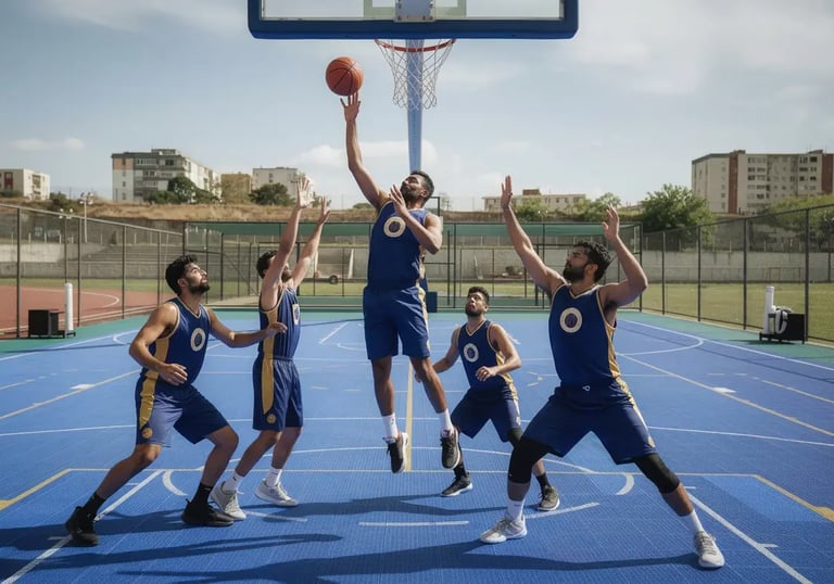 a group of young men playing basketball on a court