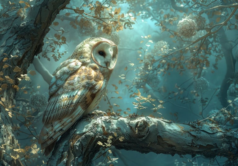 Forest scene with a barn owl, surrounded by floating leaves and light