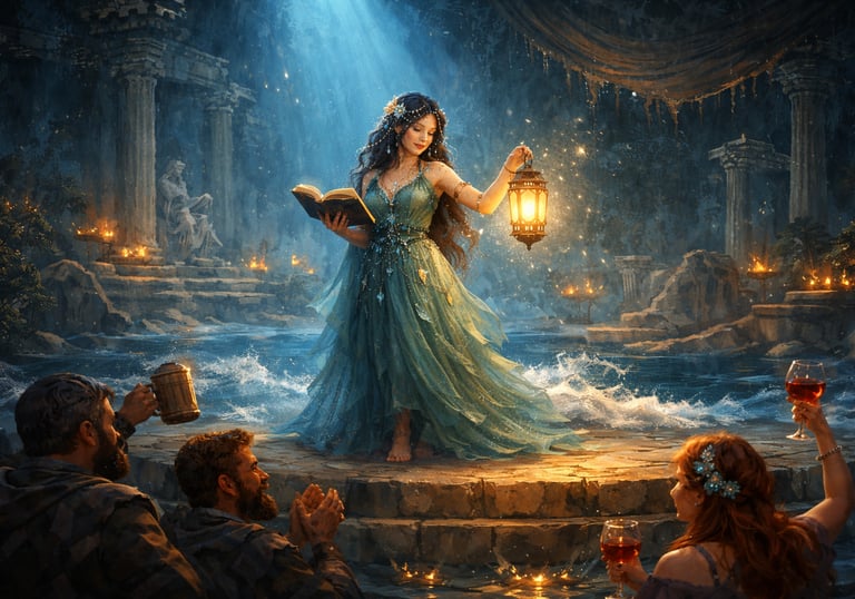 Illustration of a woman holding a lantern in a blue-toned, atmospheric scene