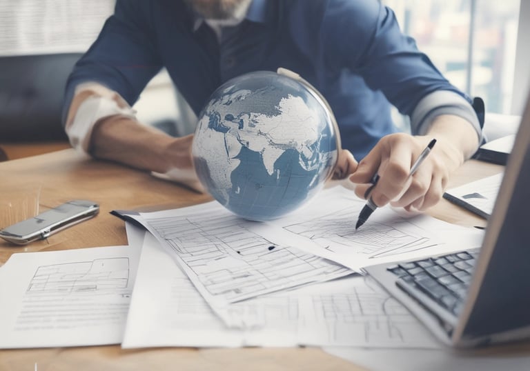 A professional virtual assistant working attentively at a sleek home office desk.