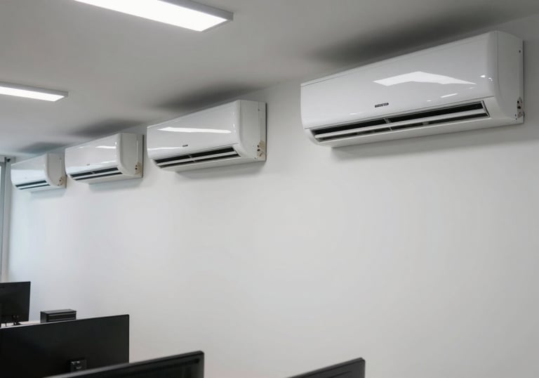 A wide photography shot of a modern Brazilian commercial office with multiple wall-mounted AC units, showing a professional and cool work environment, bright lighting.